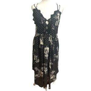 Free People Black white XS boho maxi whimsy dark romantic floral halter‎ dress
